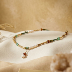 Mixed Turquoise Amber Pearl Gold Beaded Adjustable Necklace