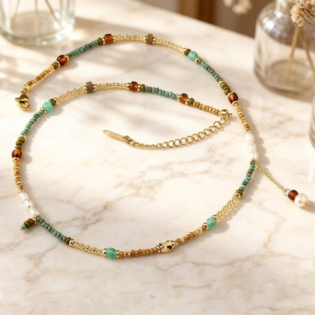 Mixed Turquoise Amber Pearl Gold Beaded Adjustable Necklace