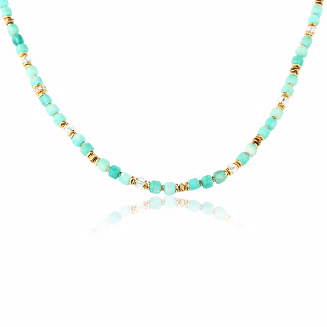 Natural Amazonite Cube Beaded Gold Necklace With Crystal Spacers