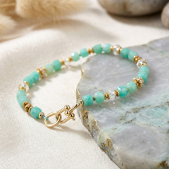 Natural Amazonite Cube Beaded Gold Necklace With Crystal Spacers