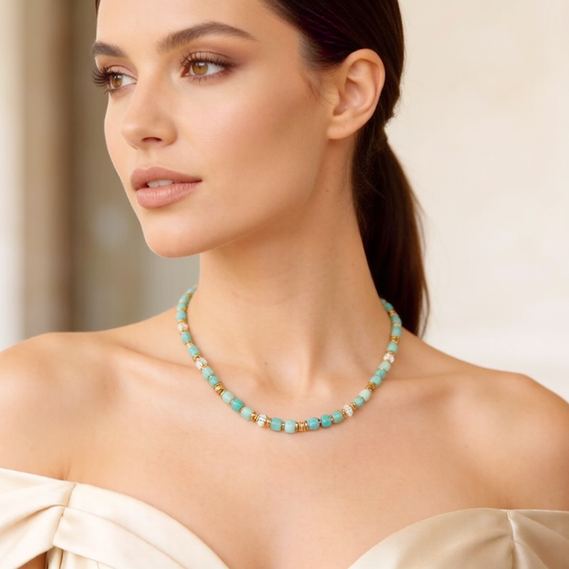 Natural Amazonite Cube Beaded Gold Necklace With Crystal Spacers