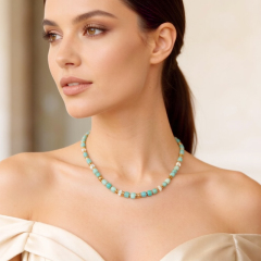 Natural Amazonite Cube Beaded Gold Necklace With Crystal Spacers