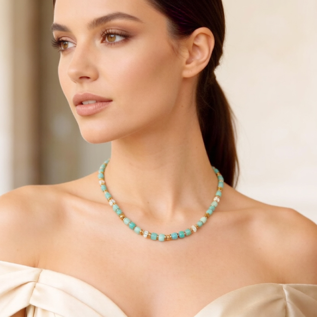 Natural Amazonite Cube Beaded Gold Necklace With Crystal Spacers
