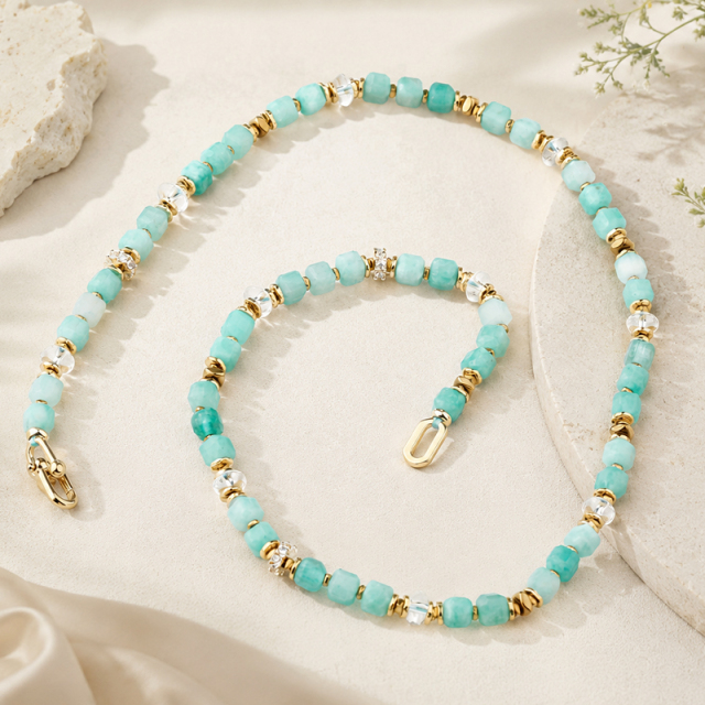 Natural Amazonite Cube Beaded Gold Necklace With Crystal Spacers