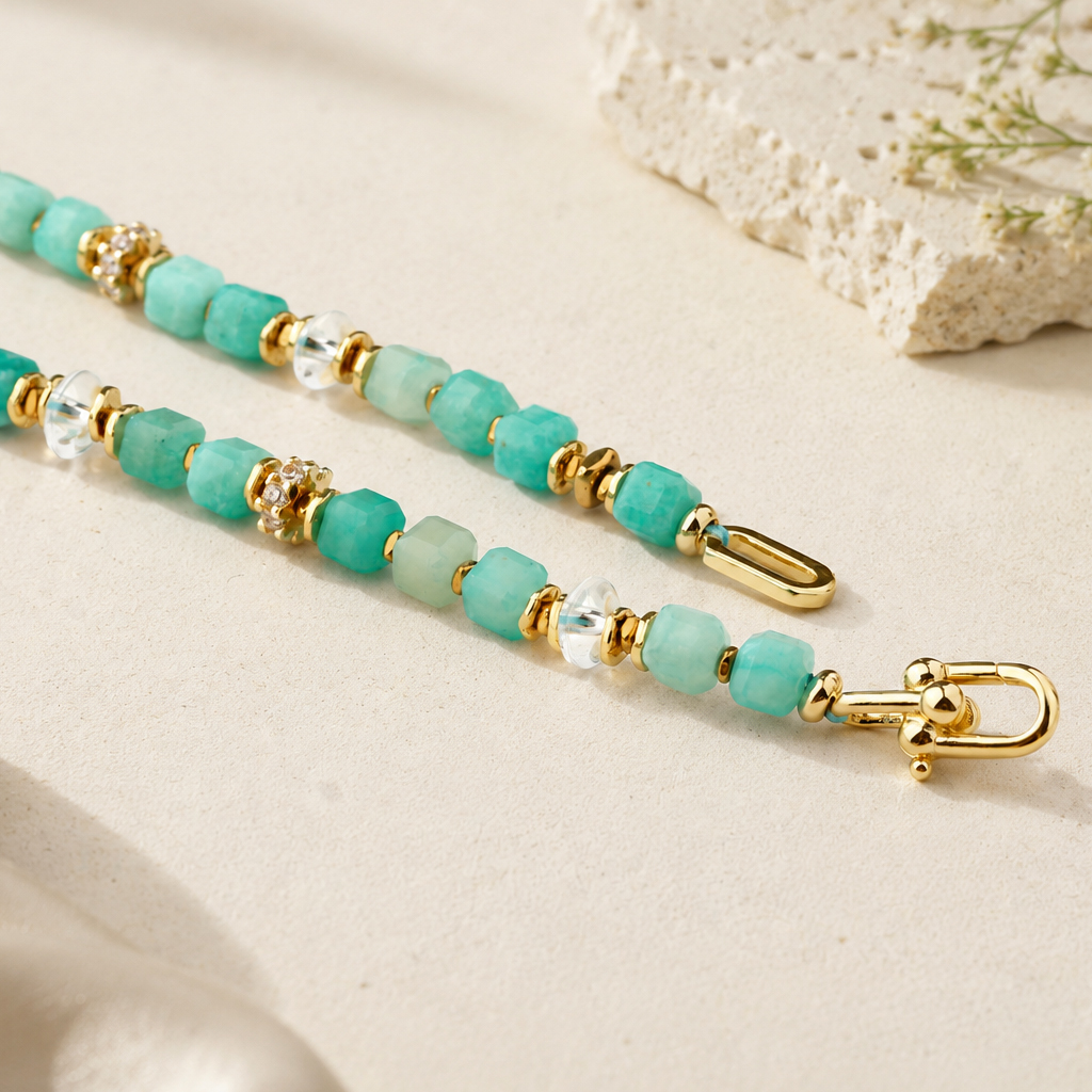 Natural Amazonite Cube Beaded Gold Necklace With Crystal Spacers
