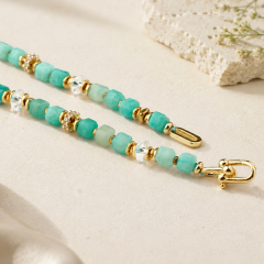 Natural Amazonite Cube Beaded Gold Necklace With Crystal Spacers