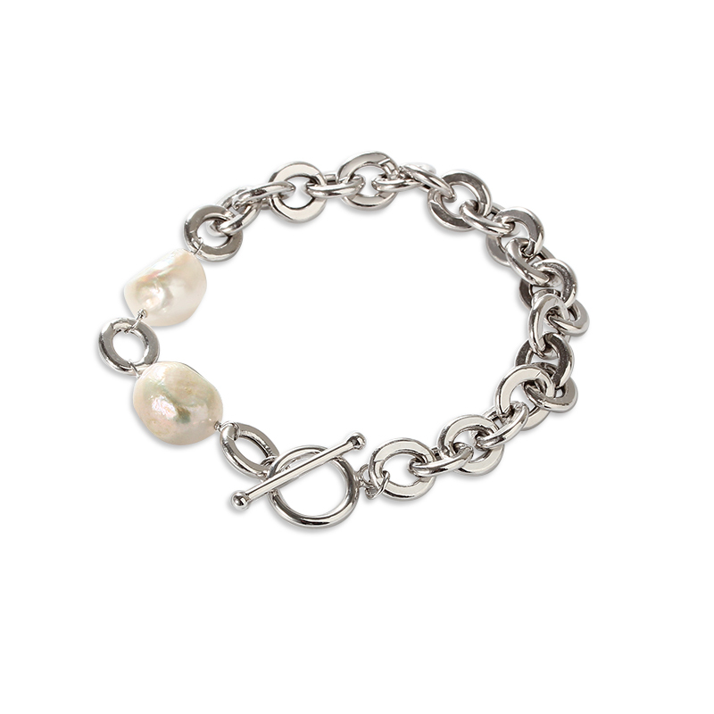 925 Sterling Silver Hollow Rolo Chain Bracelet with Baroque Pearl