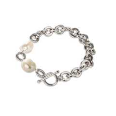 925 Sterling Silver Hollow Rolo Chain Bracelet with Baroque Pearl