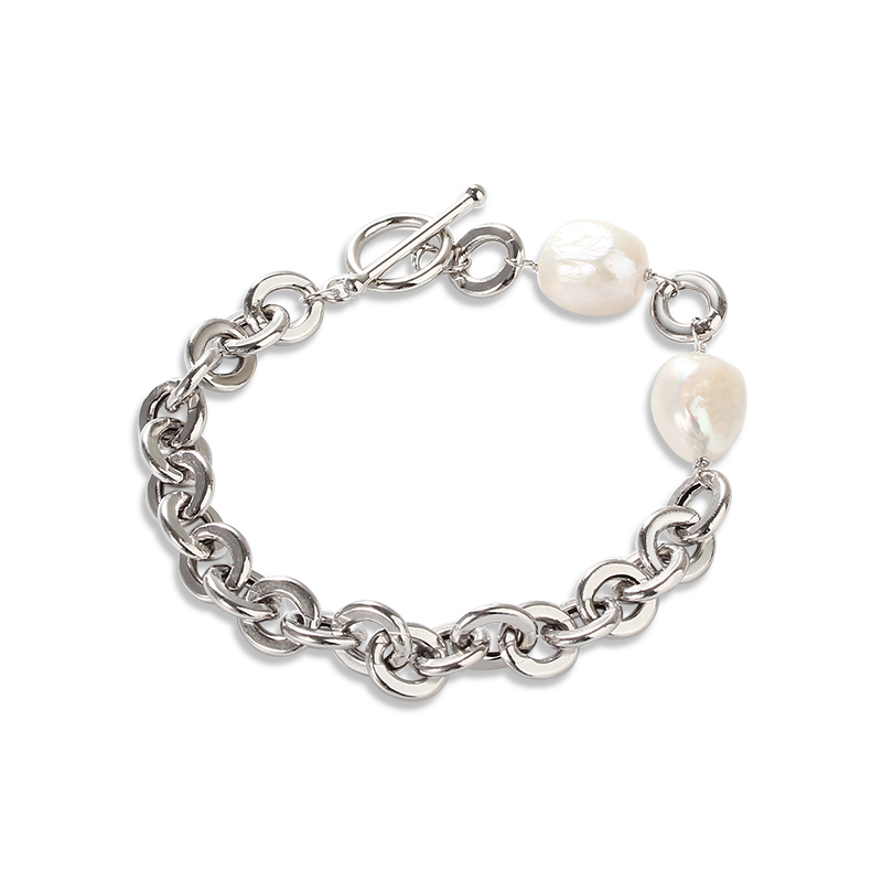 925 Sterling Silver Hollow Rolo Chain Bracelet with Baroque Pearl