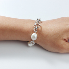 925 Sterling Silver Hollow Rolo Chain Bracelet with Baroque Pearl