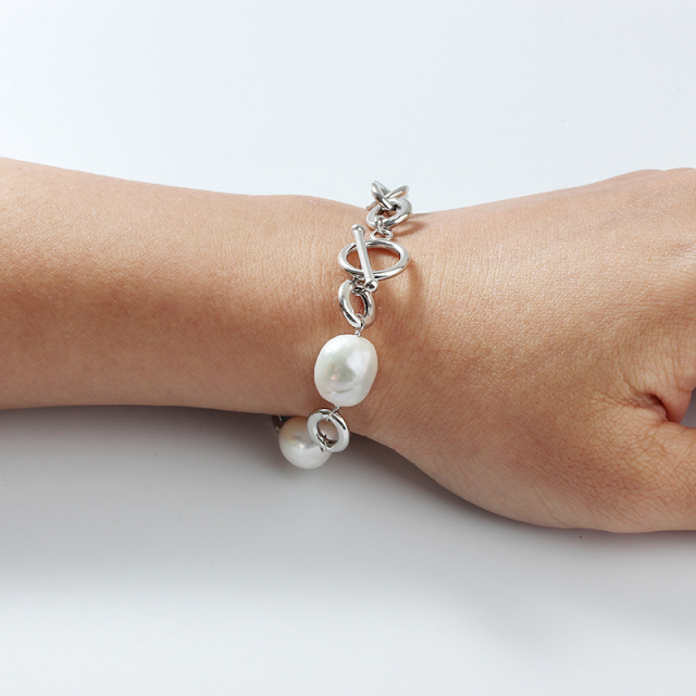 925 Sterling Silver Hollow Rolo Chain Bracelet with Baroque Pearl