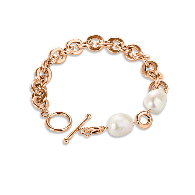925 Sterling Silver Hollow Rolo Chain Bracelet with Baroque Pearl