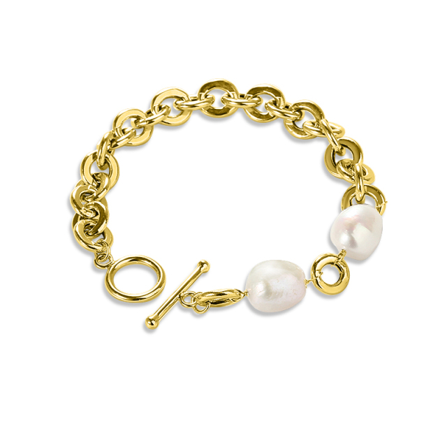 925 Sterling Silver Hollow Rolo Chain Bracelet with Baroque Pearl