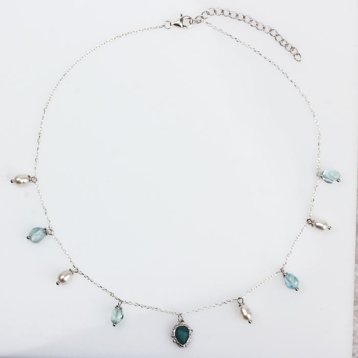 925 Sterling Silver Pearl  And Gemstone Necklace Jewelry