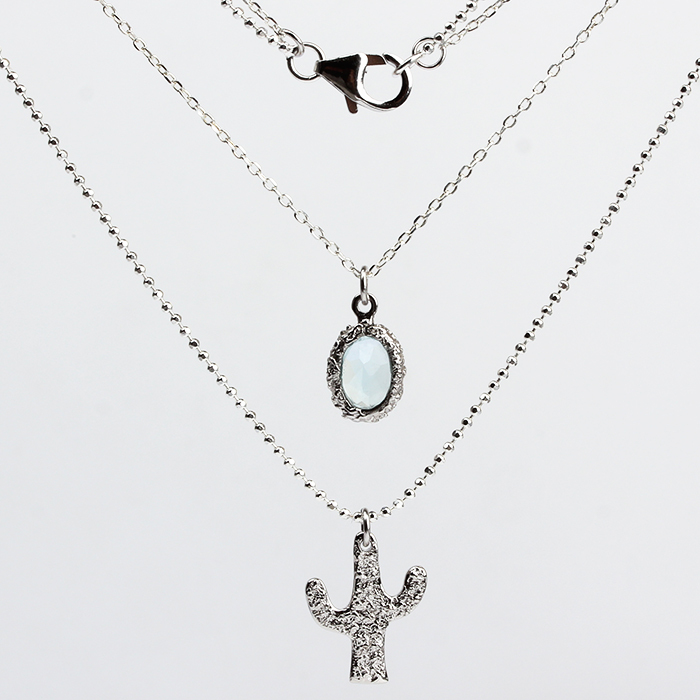 925 Sterling Silver Hammered Cactus Two-Layers Chain Necklace