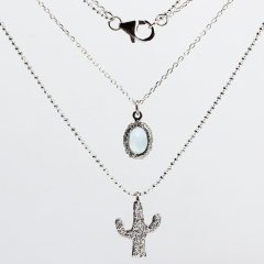 925 Sterling Silver Hammered Cactus Two-Layers Chain Necklace