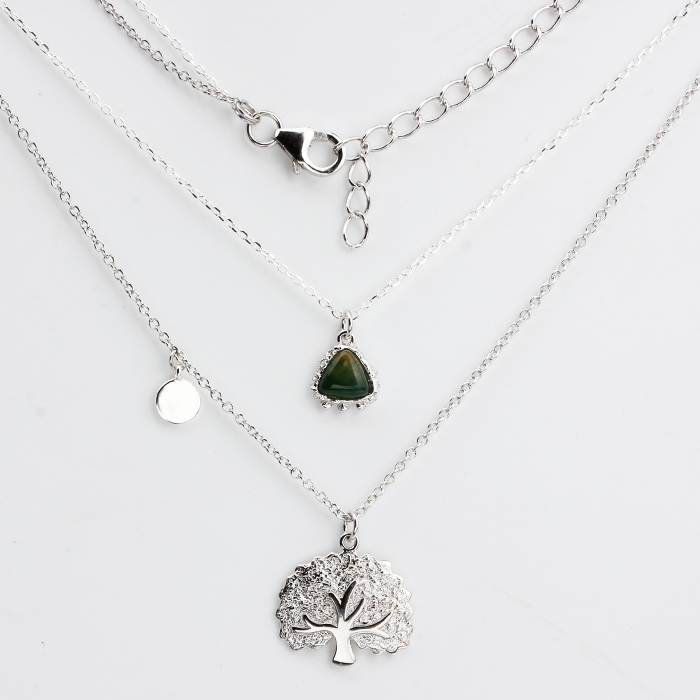 925 Sterling Silver India Agate Hammered Tree Two-Layers Chain Necklace