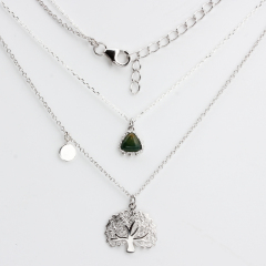 925 Sterling Silver India Agate Hammered Tree Two-Layers Chain Necklace
