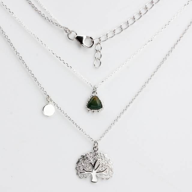 925 Sterling Silver India Agate Hammered Tree Two-Layers Chain Necklace