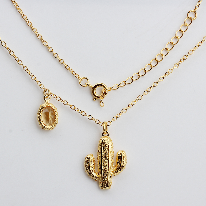 925 Sterling Silver Citrine Hammered Cactus Chain Necklace