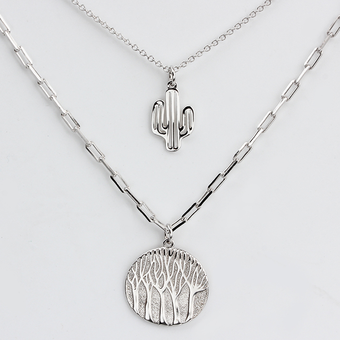 925 Sterling Silver Life Tree And Cactus Two-Layers Chain Necklace