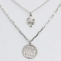 925 Sterling Silver Life Tree And Cactus Two-Layers Chain Necklace