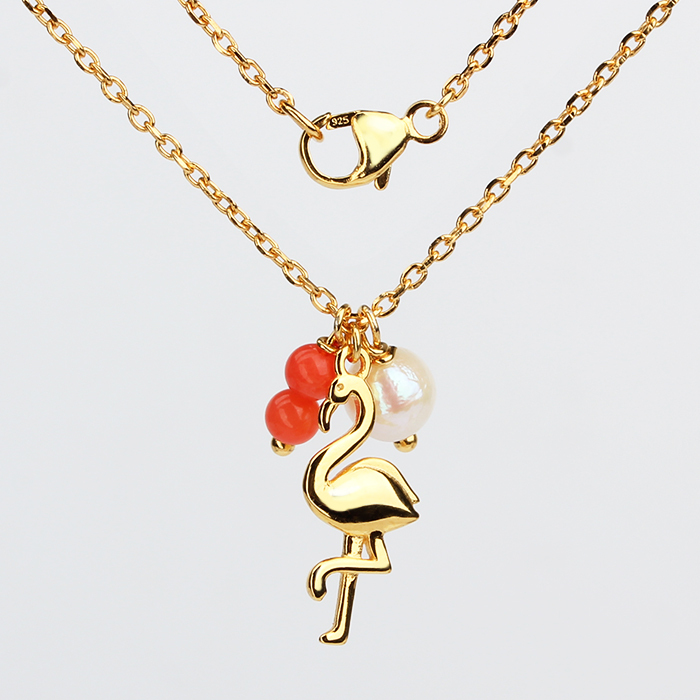 925 Sterling Silver Pearl And Coral Flamingo Necklace