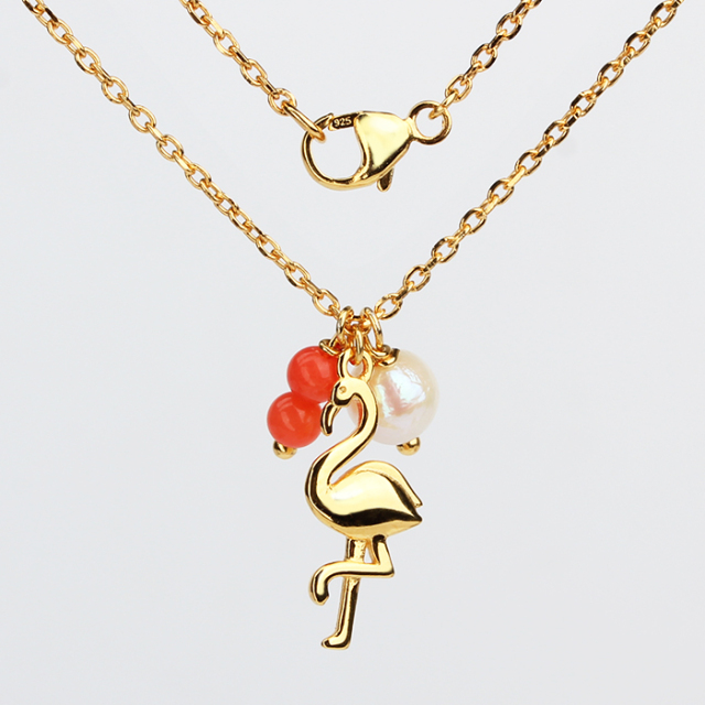 925 Sterling Silver Pearl And Coral Flamingo Necklace