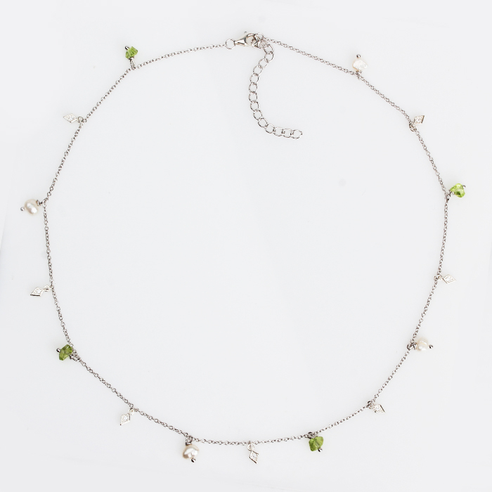 925 Sterling Silver Pearl Olivine Tiny Necklace