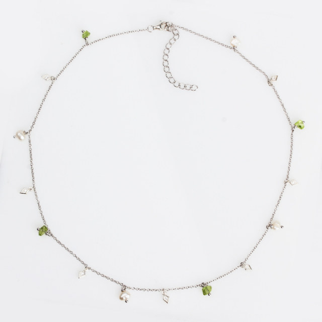 925 Sterling Silver Pearl Olivine Tiny Necklace