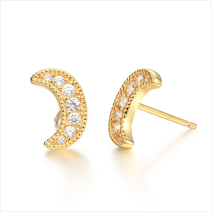 925 Sterling Silver CZ Moon Stud Earrings