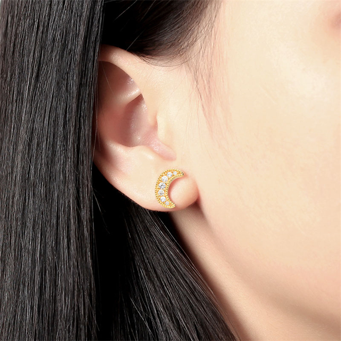 925 Sterling Silver CZ Moon Stud Earrings