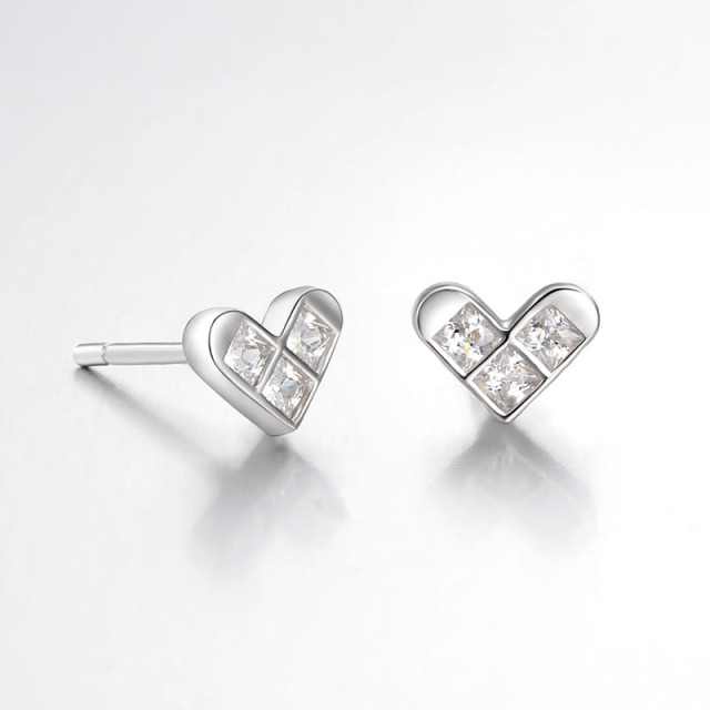 925 Sterling Silver  CZ Heart Stud Earrings