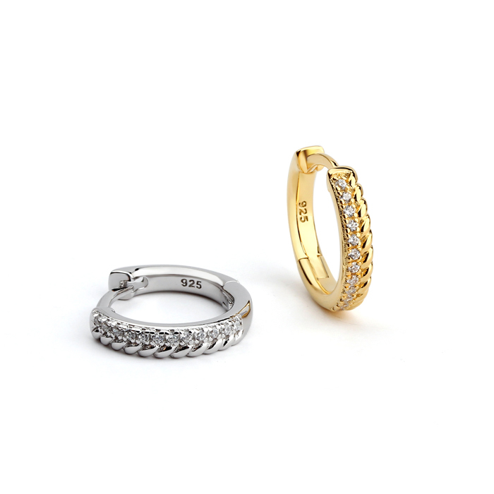 925 Sterling Silver Waved Shape CZ  Huggies Earrings
