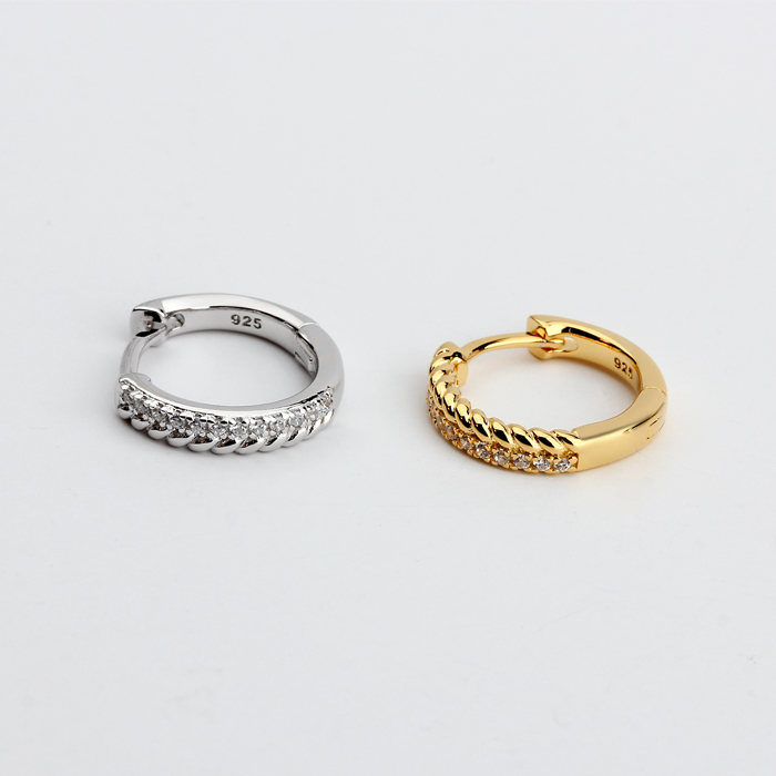 925 Sterling Silver Waved Shape CZ  Huggies Earrings