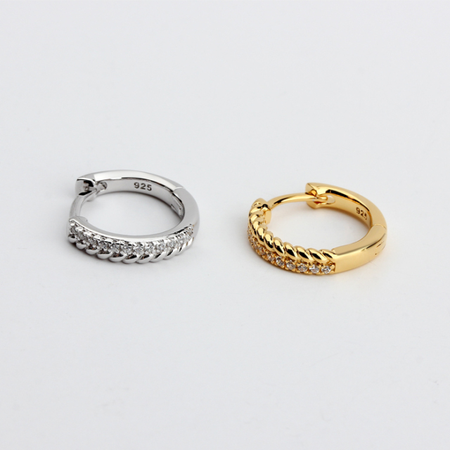 925 Sterling Silver Waved Shape CZ  Huggies Earrings