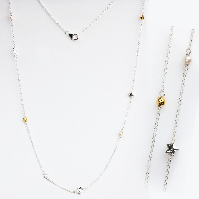 925 Sterling Silver Pearl Star Bead Long Women Necklace