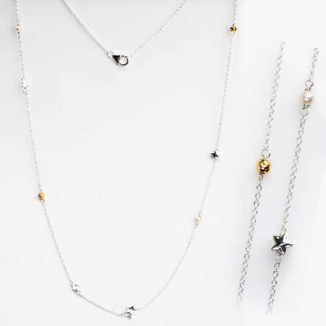 925 Sterling Silver Pearl Star Bead Long Women Necklace