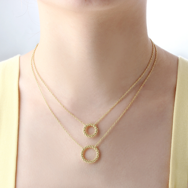 925 Sterling Silver Gold Double-Layer Beaded Circle Pendant Necklace