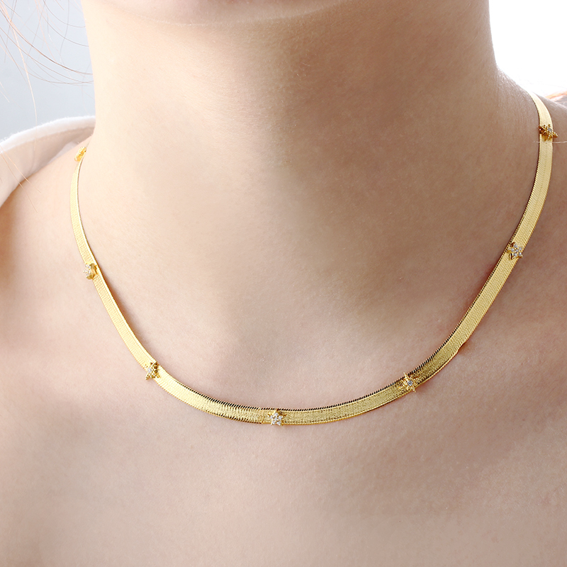 925 Sterling Silver Gold Herringbone Choker Necklace with Crystal Accents and Adjustable Extender