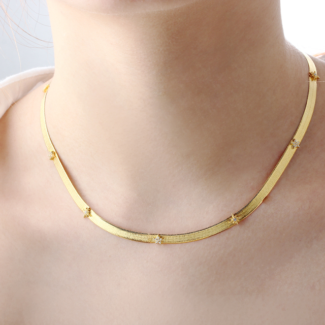 925 Sterling Silver Gold Herringbone Choker Necklace with Crystal Accents and Adjustable Extender