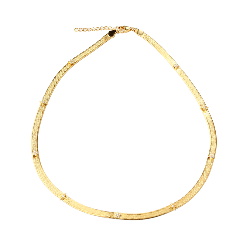925 Sterling Silver Gold Herringbone Choker Necklace with Crystal Accents and Adjustable Extender
