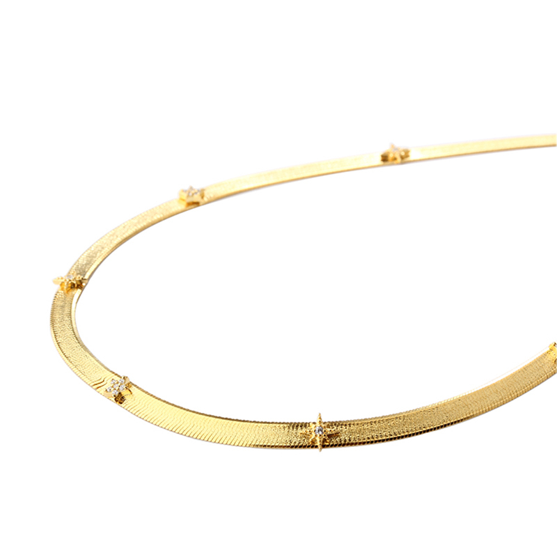 925 Sterling Silver Gold Herringbone Choker Necklace with Crystal Accents and Adjustable Extender