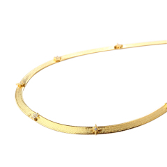 925 Sterling Silver Gold Herringbone Choker Necklace with Crystal Accents and Adjustable Extender