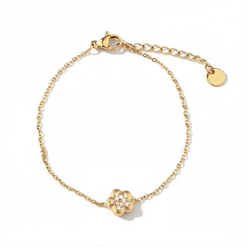 18K Gold PVD Plated Stainless Steel CZ Clover Adjustable Bracelet