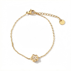 18K Gold PVD Plated Stainless Steel CZ Clover Adjustable Bracelet