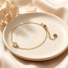 18K Gold PVD Plated Stainless Steel CZ Clover Adjustable Bracelet