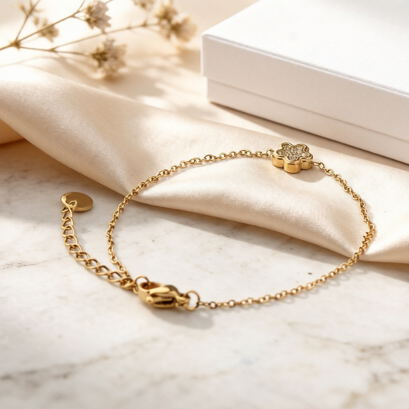 18K Gold PVD Plated Stainless Steel CZ Clover Adjustable Bracelet