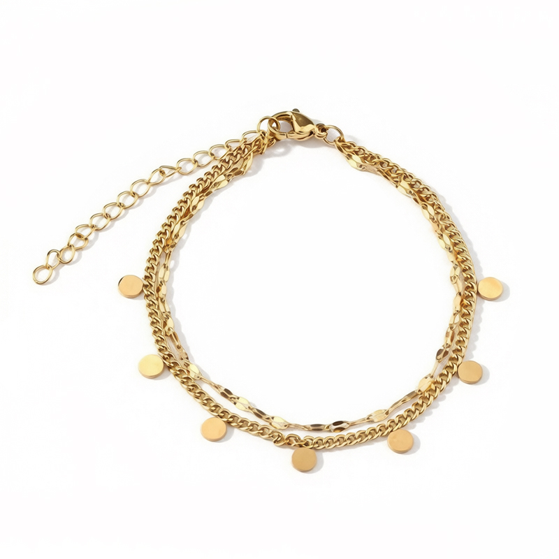 18K Gold PVD Plated Stainless Steel Double Layer Disc Adjustable Bracelet