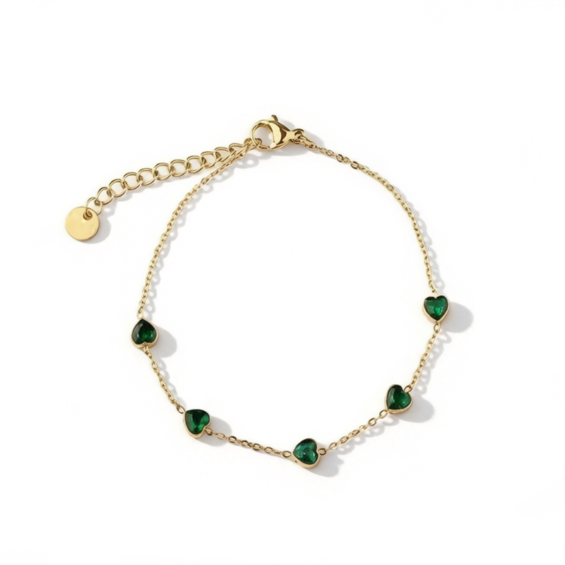 18K Gold PVD Plated Stainless Steel Green Heart CZ Adjustable Bracelet